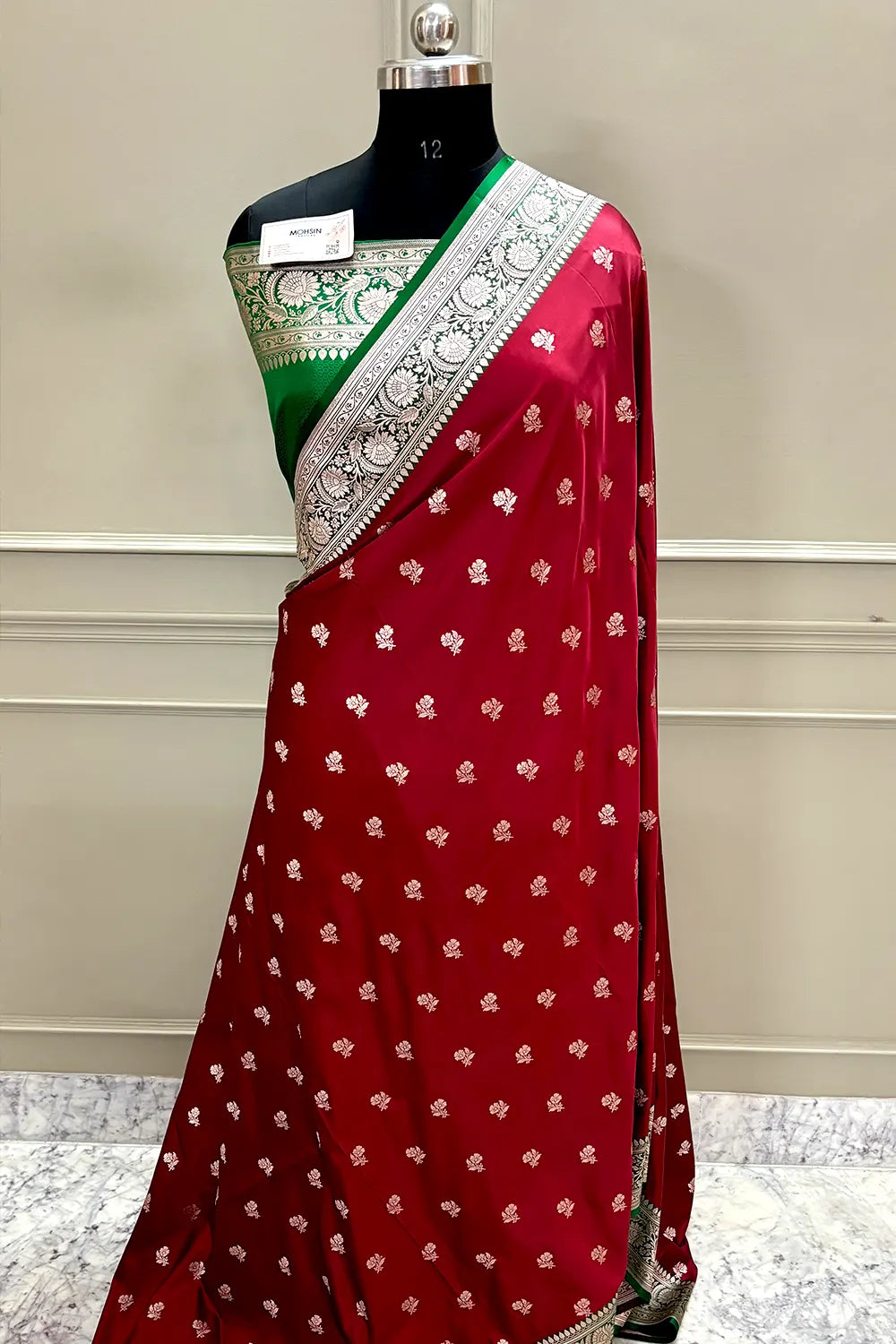 Maroon and Green Chaman Buti Katan Silk Banarasi Saree
