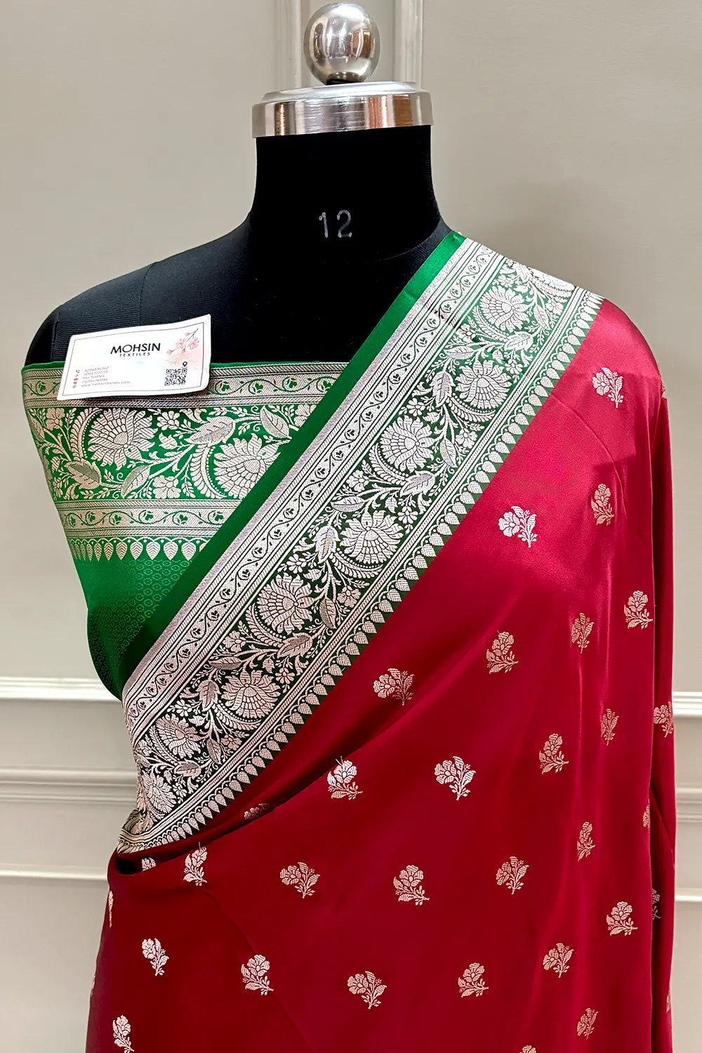 Maroon and Green Chaman Buti Katan Silk Banarasi Saree