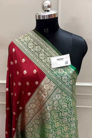 Maroon and Green Ghonga Buti Katan Silk Banarasi Saree