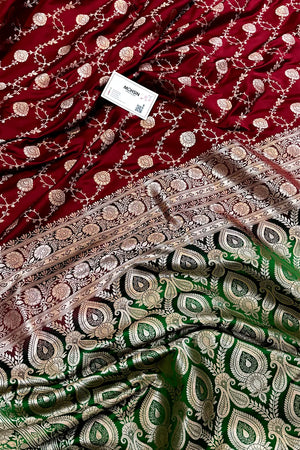 Maroon and Green Ropeway Jaal Katan Mashru Silk Banarasi Saree