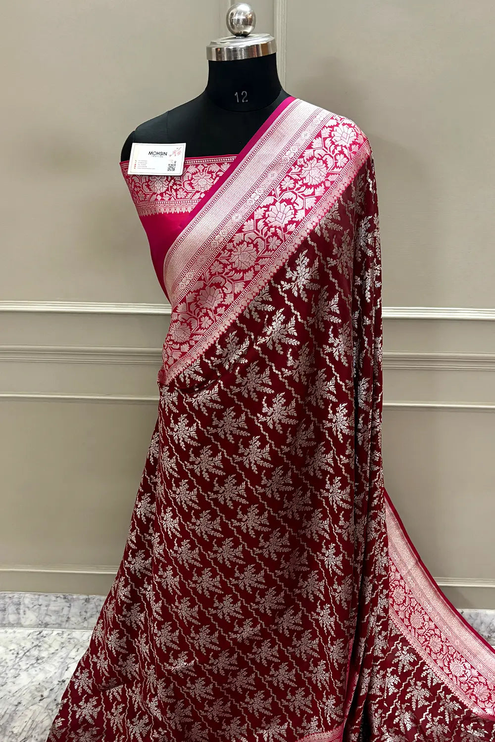 Maroon and Rani Pink Zari Katan Silk Banarasi Saree