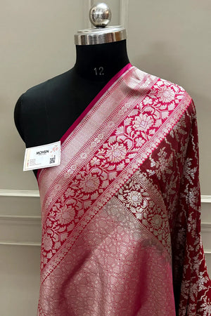 Maroon and Rani Pink Zari Katan Silk Banarasi Saree