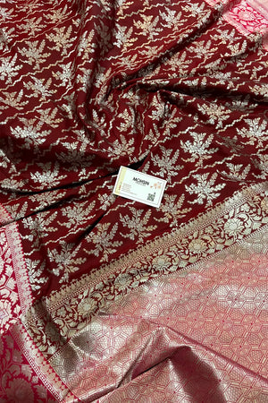 Maroon and Rani Pink Zari Katan Silk Banarasi Saree