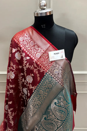 Maroon and Teal Zari Banarasi Silk Saree