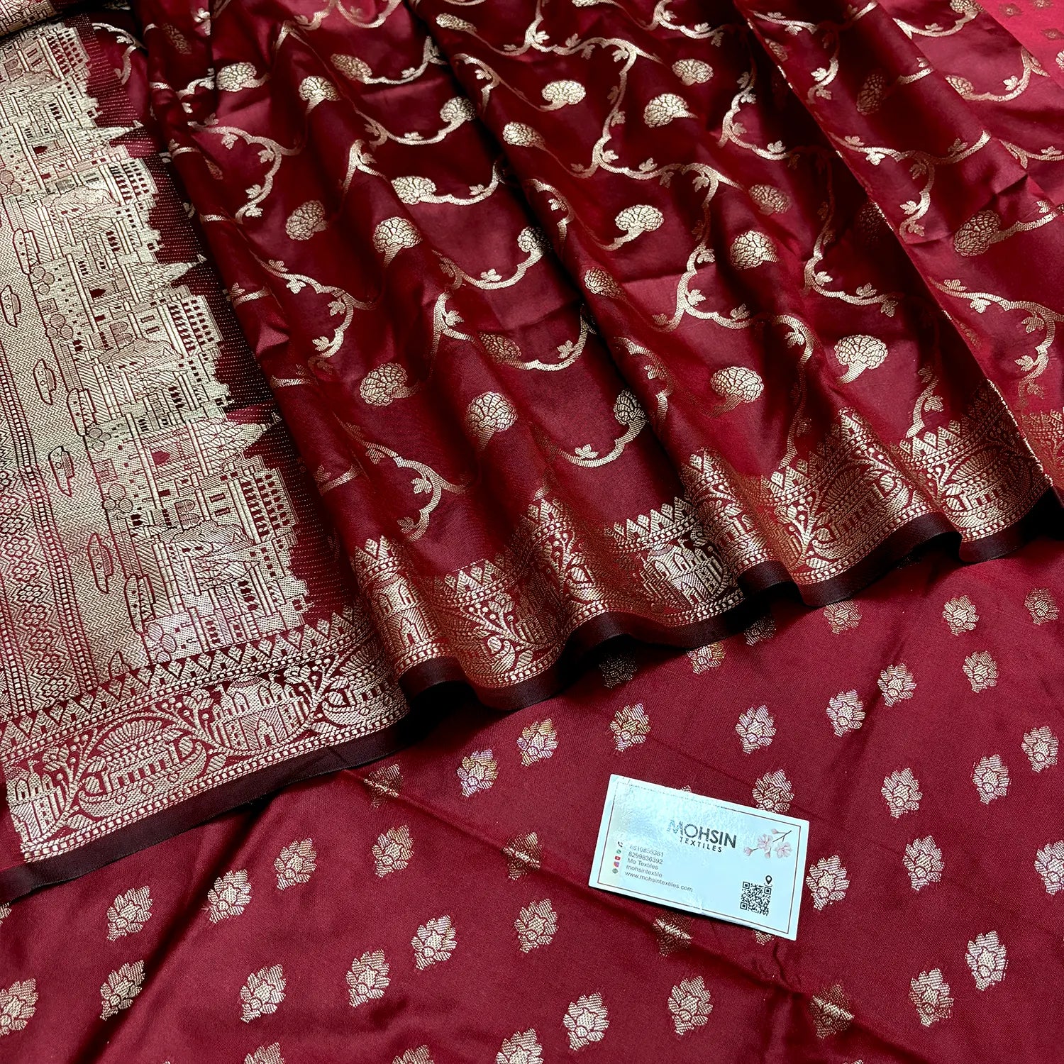 Maroon Assi Ghat Mandir Semi Katan Silk Banarasi Suit