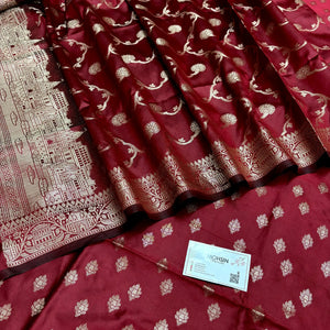 Maroon Assi Ghat Mandir Semi Katan Silk Banarasi Suit