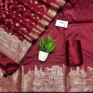 Maroon Assi Ghat Plain Semi Katan Silk Banarasi Suit