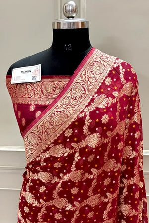 Maroon Bandehj Georgette Silk Banarasi Saree