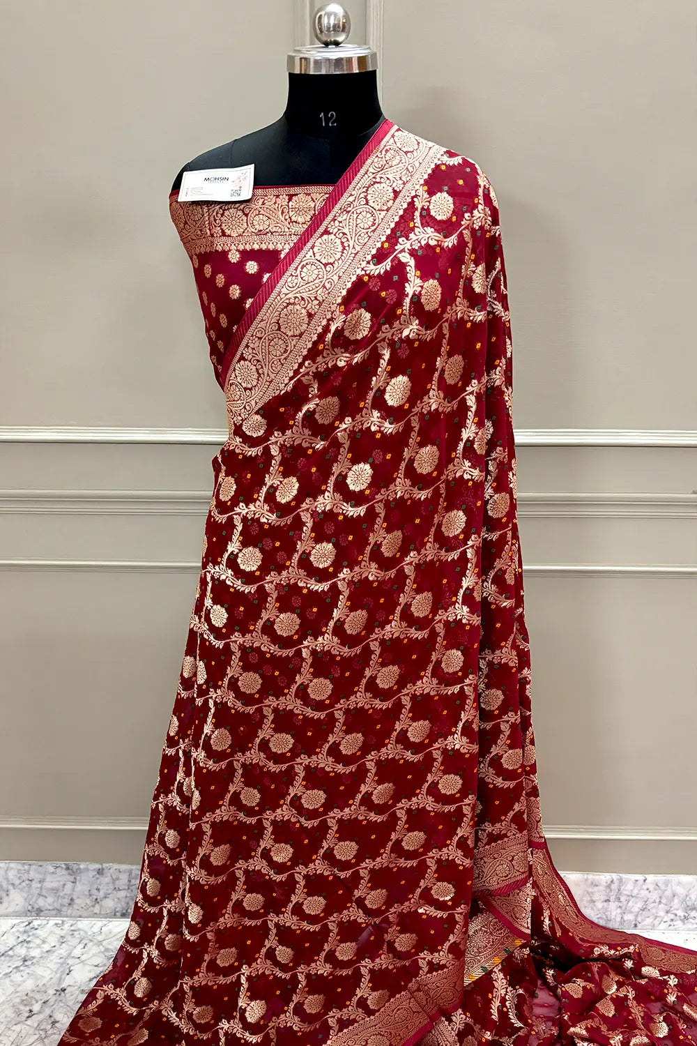 Maroon Bandhej Georgette Silk Banarasi Saree