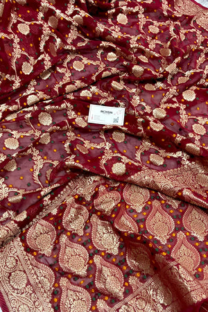 Maroon Bandhej Georgette Silk Banarasi Saree