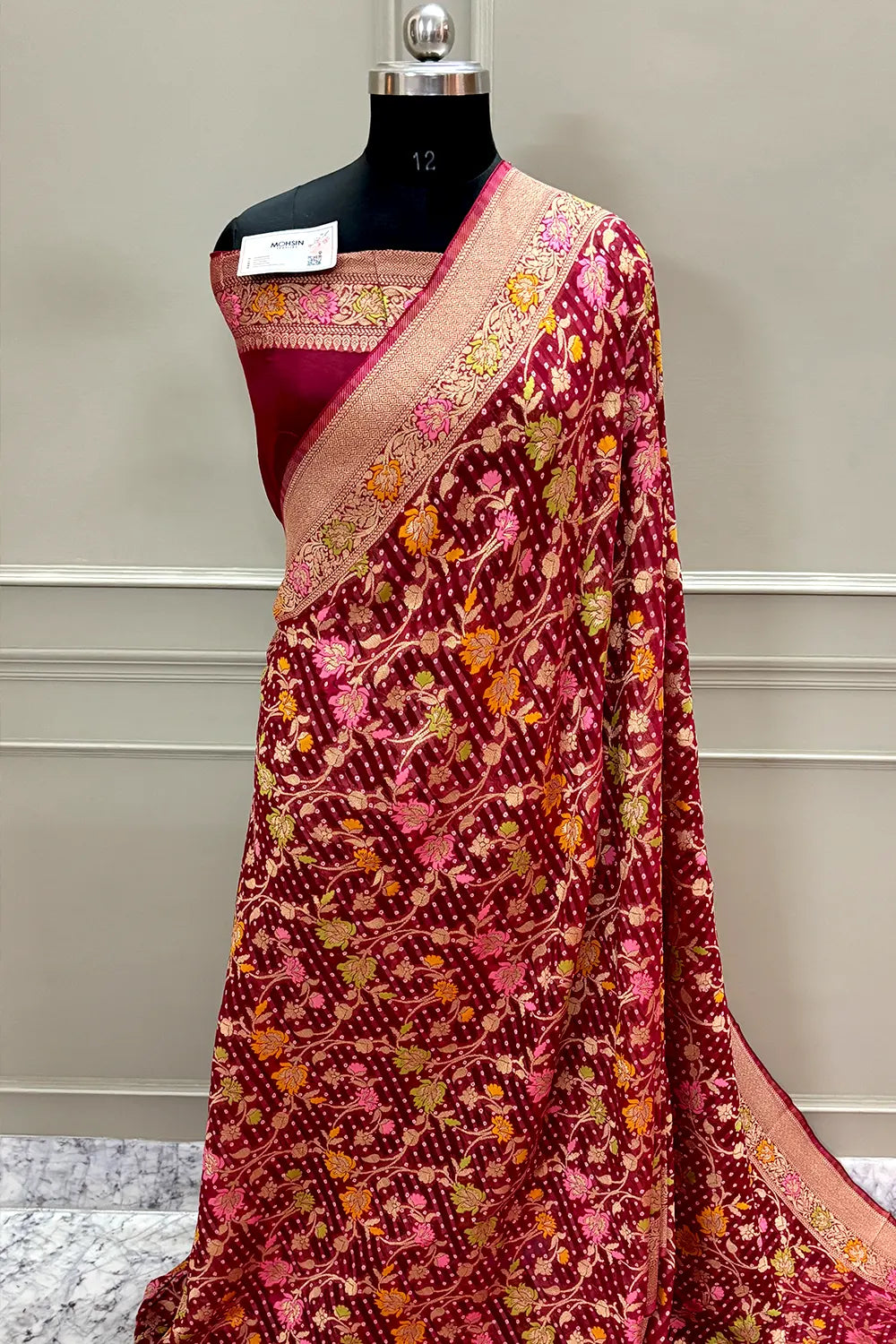 Maroon Bandhej Meena Georgette Silk Banarasi Saree