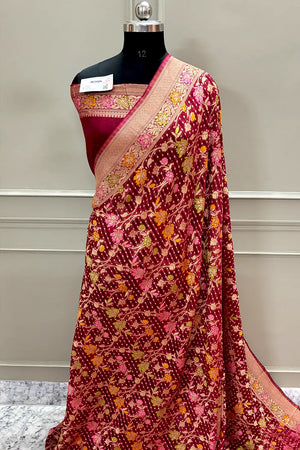 Maroon Bandhej Meena Georgette Silk Banarasi Saree