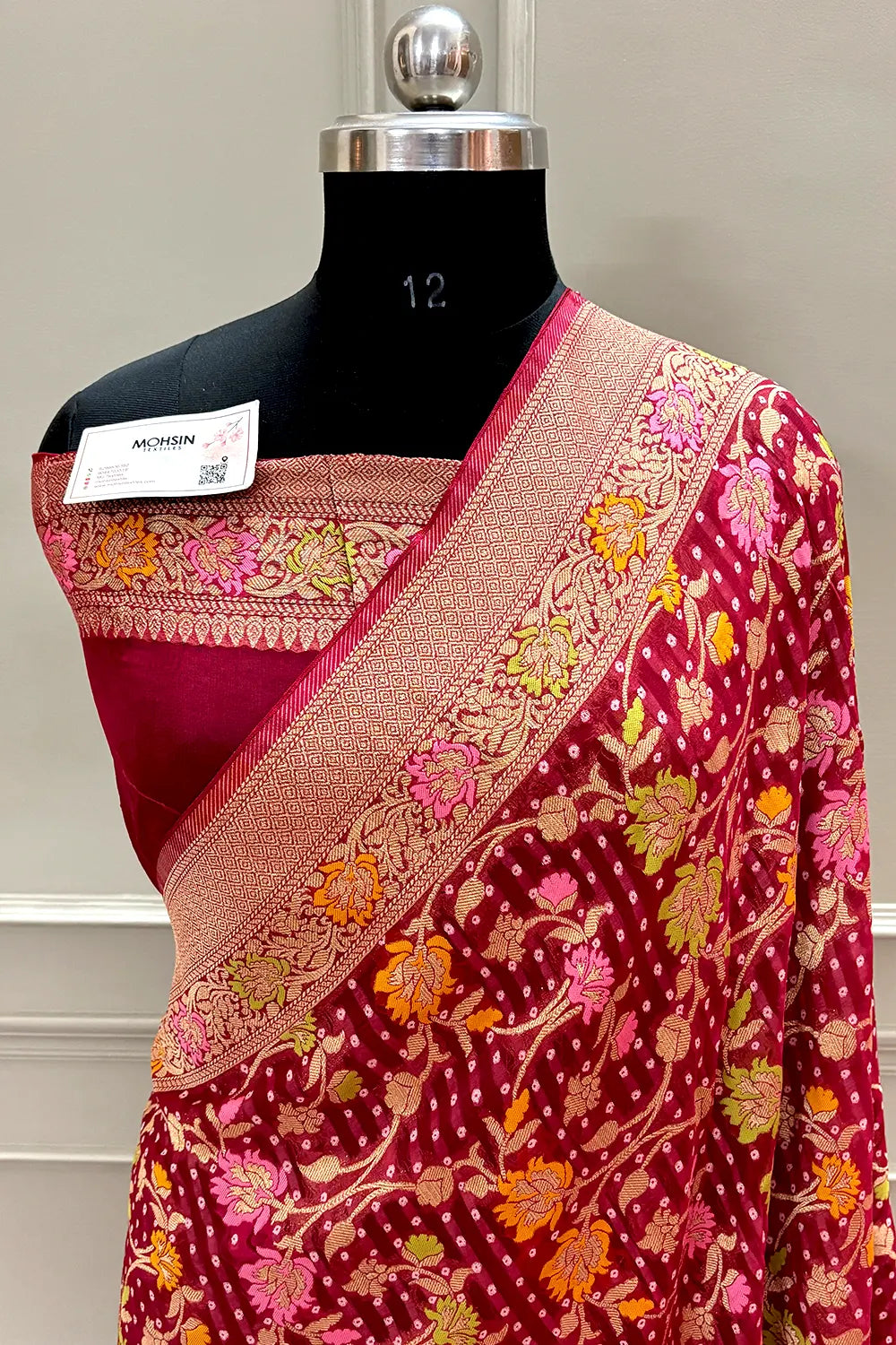 Maroon Bandhej Meena Georgette Silk Banarasi Saree