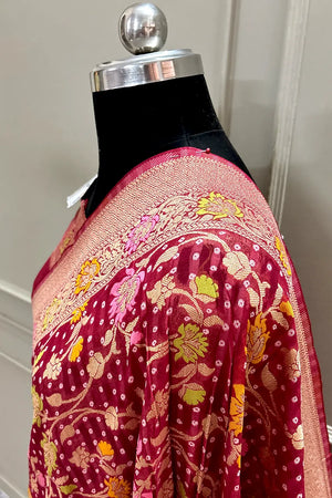 Maroon Bandhej Meena Georgette Silk Banarasi Saree