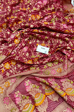 Maroon Bandhej Meena Georgette Silk Banarasi Saree