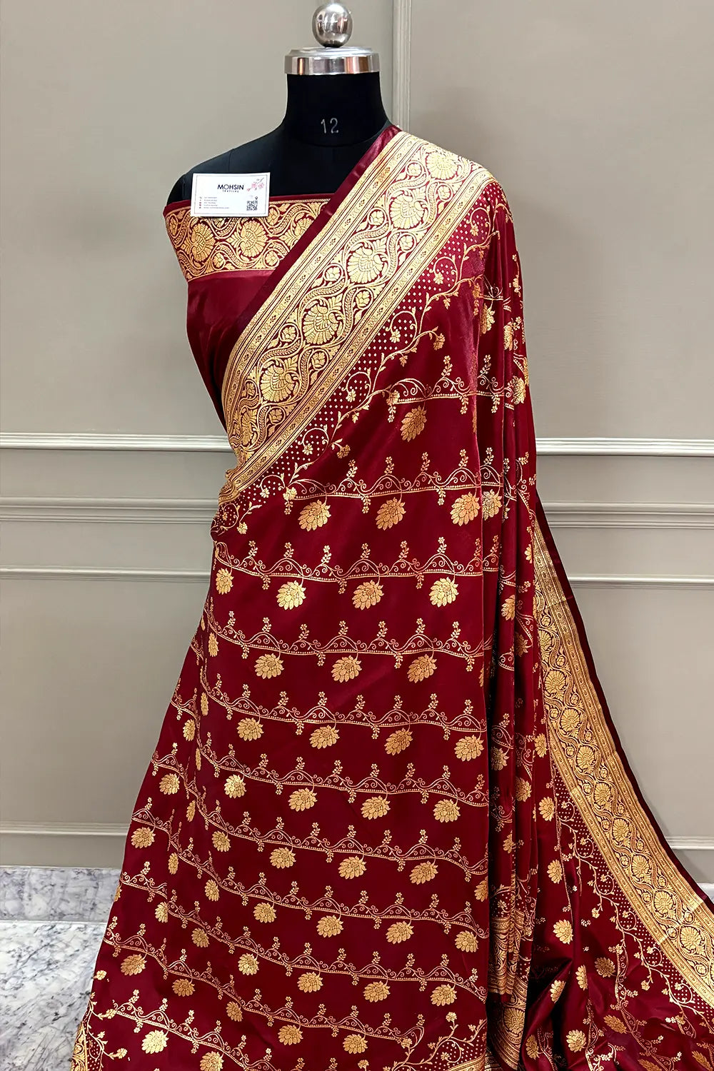 Maroon Bhawar Jaal Satin Silk Banarasi Saree