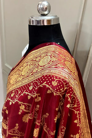 Maroon Bhawar Jaal Satin Silk Banarasi Saree