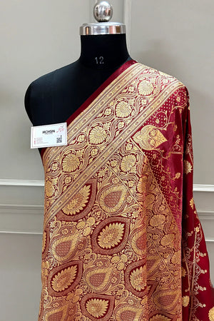 Maroon Bhawar Jaal Satin Silk Banarasi Saree