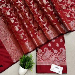 Maroon Godzilla Semi Katan Silk Banarasi Suit