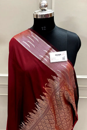 Maroon Kalyug Plain Satin Silk Banarasi Saree