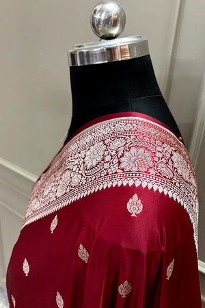 Maroon Mario Patti Katan Mashru Silk Banarasi Saree