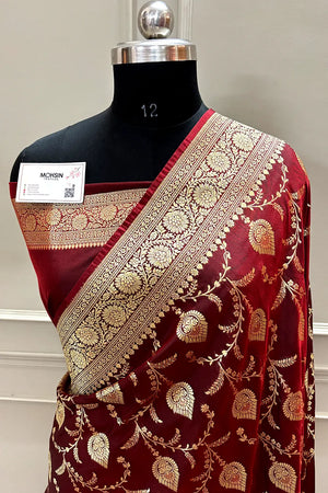 Maroon Pandaar Jaal Katan Silk Banarasi Saree