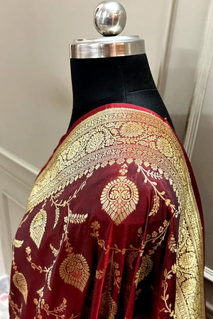 Maroon Pandaar Jaal Katan Silk Banarasi Saree