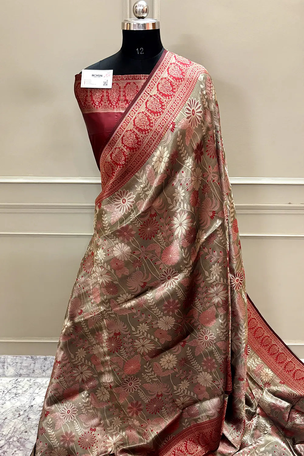 Maroon Pashmina Tissue Silk Banarasi Saree