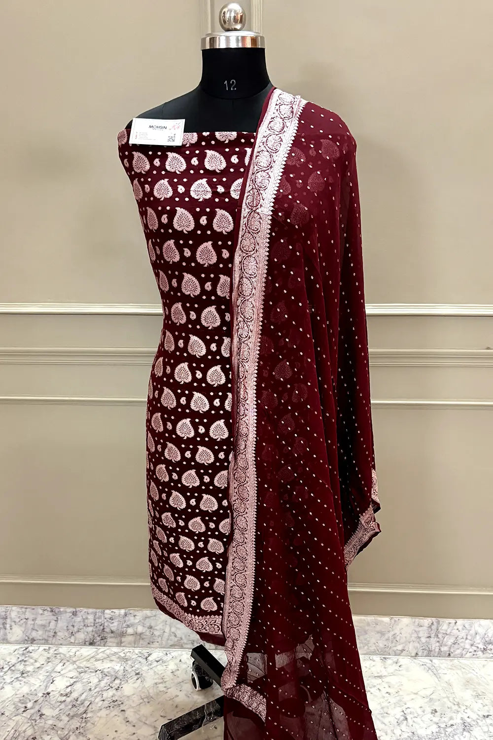 Maroon Patta Pure Georgette Silk Banarasi Suit
