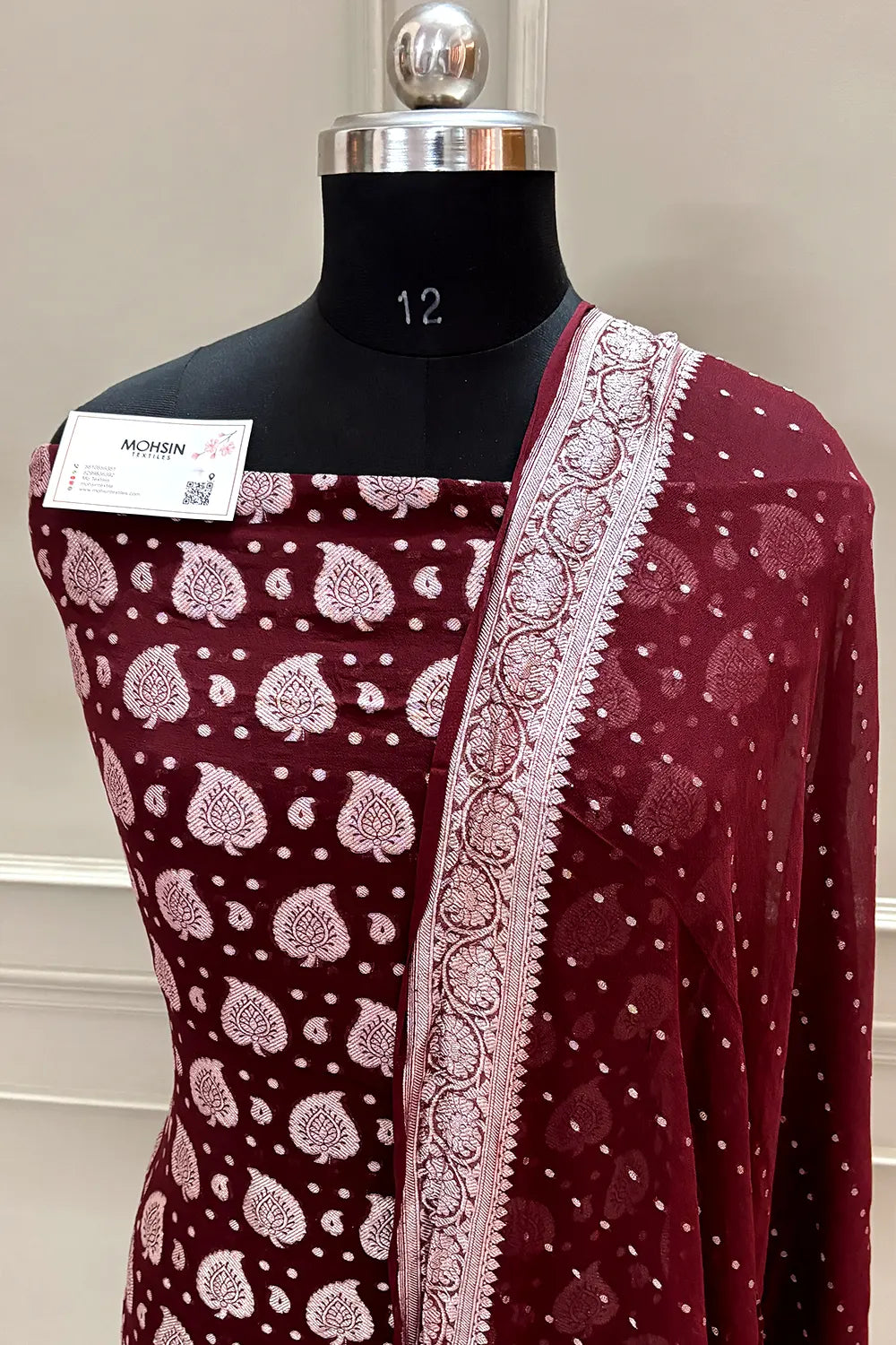 Maroon Patta Pure Georgette Silk Banarasi Suit