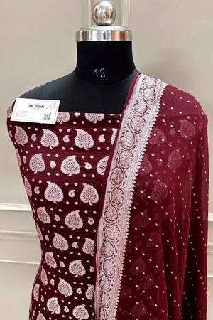 Maroon Patta Pure Georgette Silk Banarasi Suit