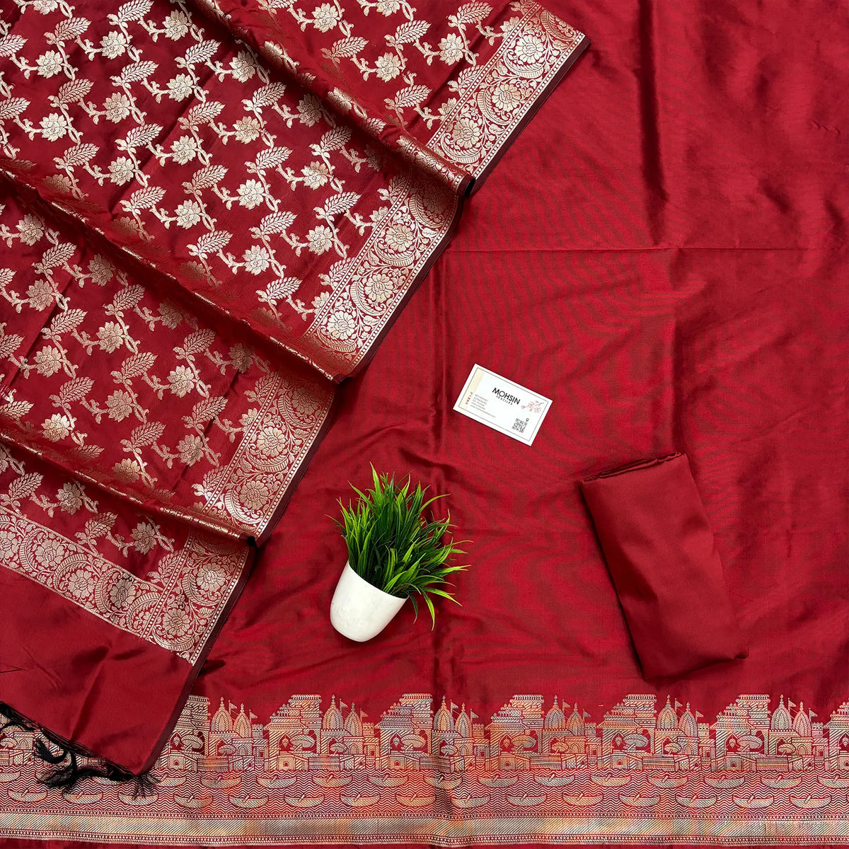 Maroon Plain Ghat Semi Katan Silk Banarasi Suit