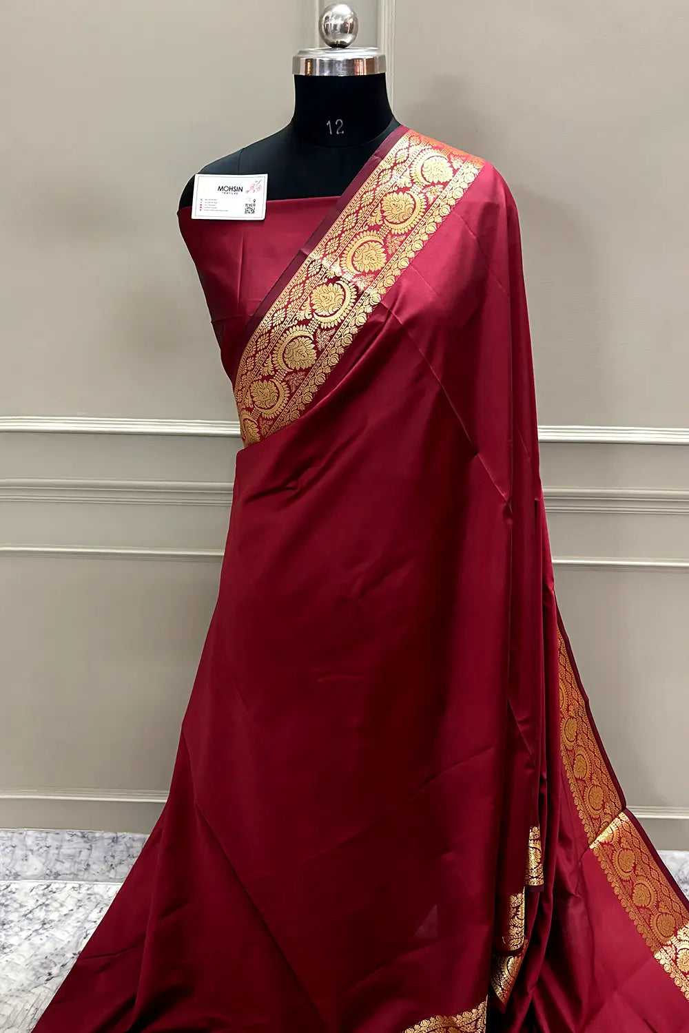 Maroon Plain Semi Katan Silk Banarasi Saree