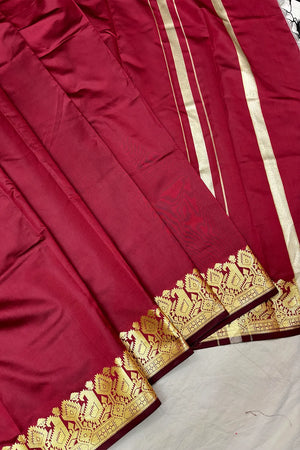 Maroon Plain Semi Katan Silk Banarasi Saree