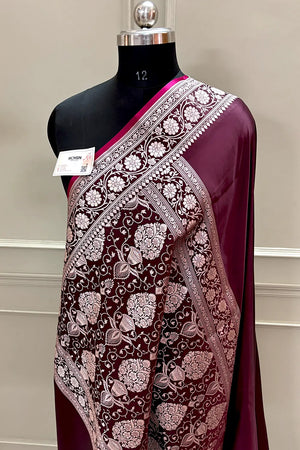 Wine Plain Zari Border Katan Silk Banarasi Saree