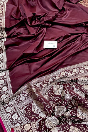 Wine Plain Zari Border Katan Silk Banarasi Saree