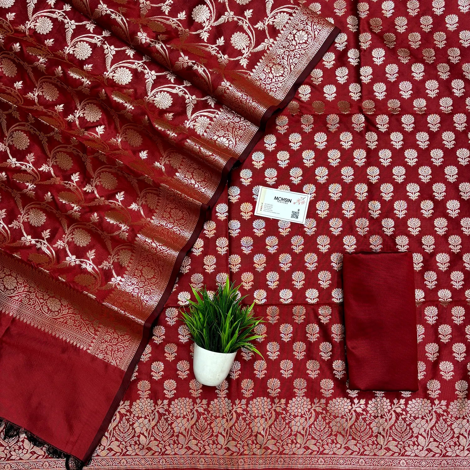 Maroon Sunflower Satin Silk Banarasi Suit