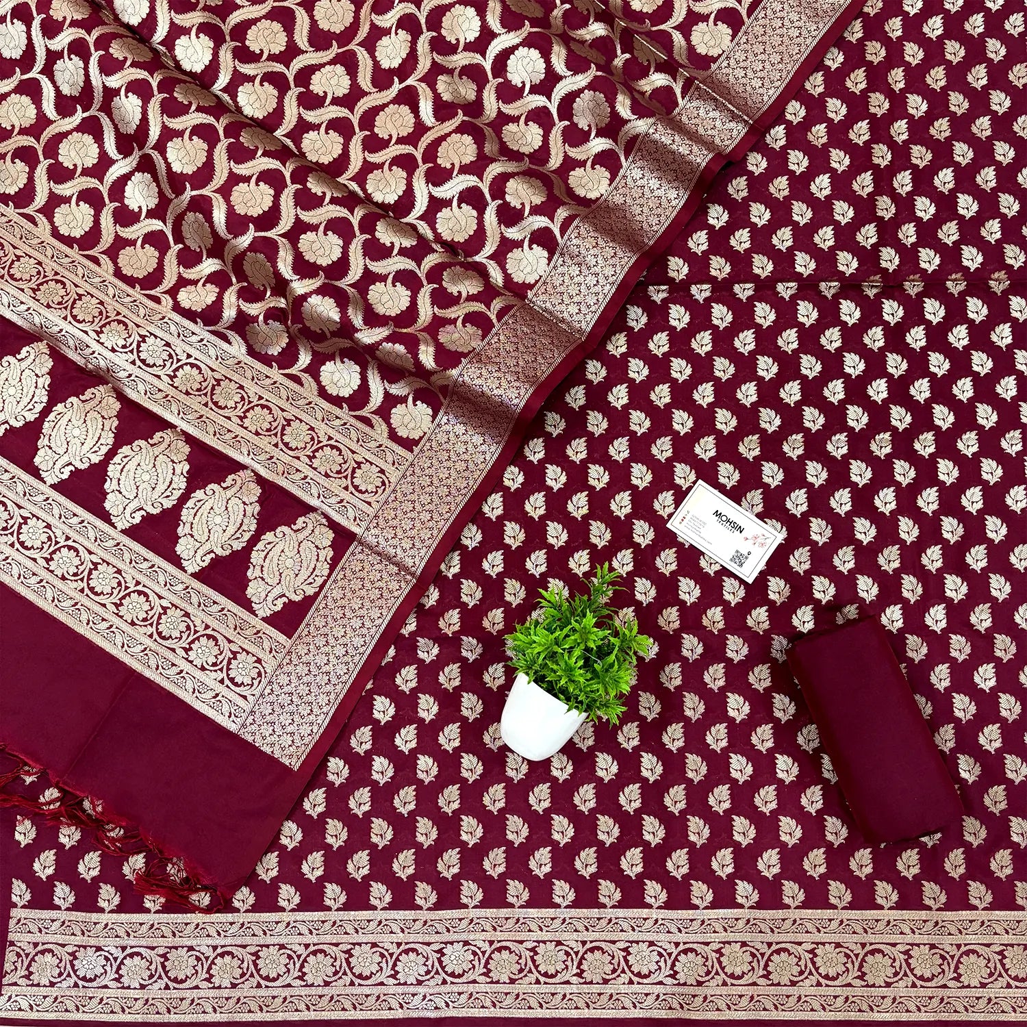 Maroon Tedhi Patti Katan Silk Banarasi Suit