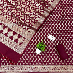 Maroon Tedhi Patti Katan Silk Banarasi Suit