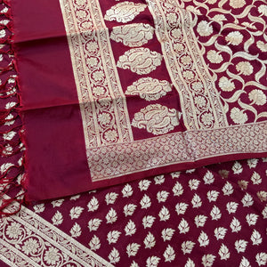 Maroon Tedhi Patti Katan Silk Banarasi Suit