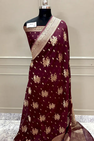 Maroon Zari Georgette Silk Banarasi Saree