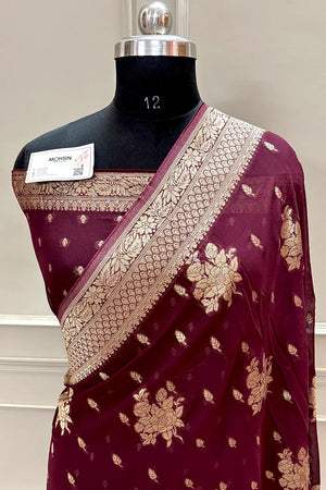 Maroon Zari Georgette Silk Banarasi Saree