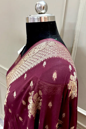 Maroon Zari Georgette Silk Banarasi Saree