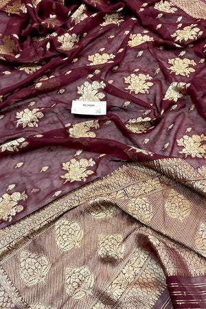 Maroon Zari Georgette Silk Banarasi Saree