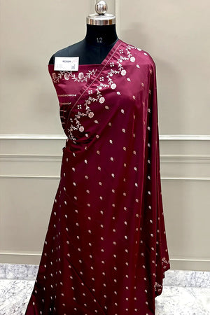 Maroon Zari Katan Mashru Silk Banarasi Saree