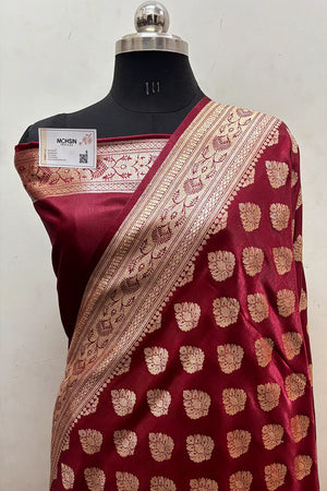 Maroon Zari Satin Silk Banarasi Saree