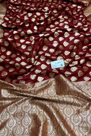 Maroon Zari Satin Silk Banarasi Saree