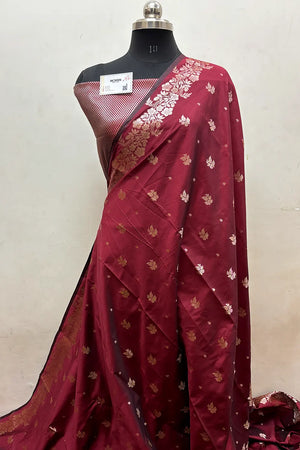 Maroon Zari Semi Katan Silk Banarasi Saree