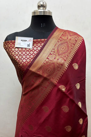 Maroon Zari Semi Katan Silk Banarasi Saree