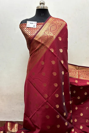 Maroon Zari Semi Katan Silk Banarasi Saree
